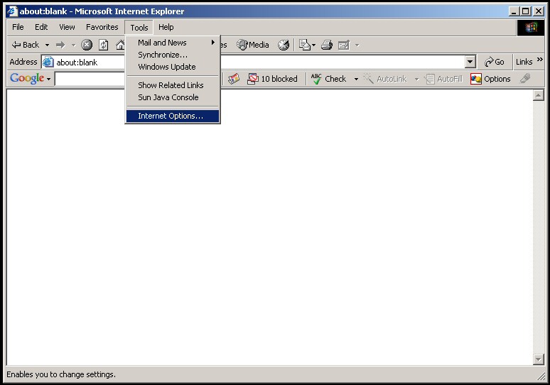 Tools menu internet options windows 10