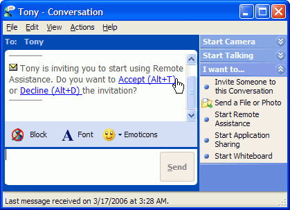 Windows Messenger Remote Assistance invitation to expert