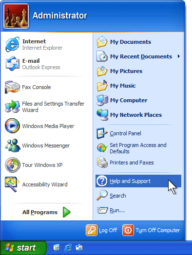 The Start menu with Help and Support selected