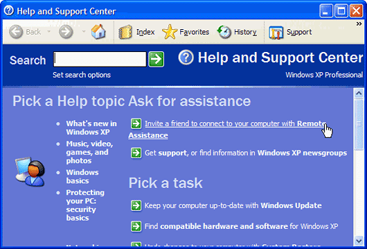 Help and Support Center with the Remote Assistance function selected