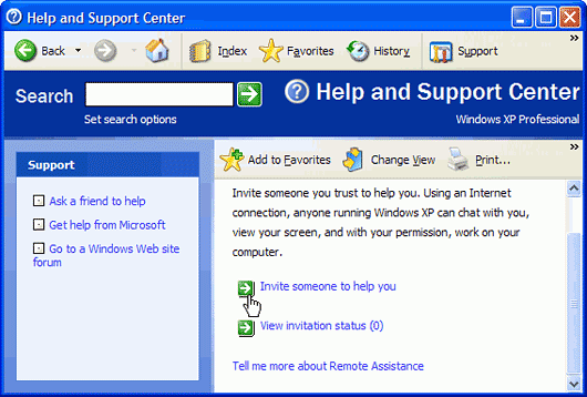 Help and Support Center with Invite someone to help you selected