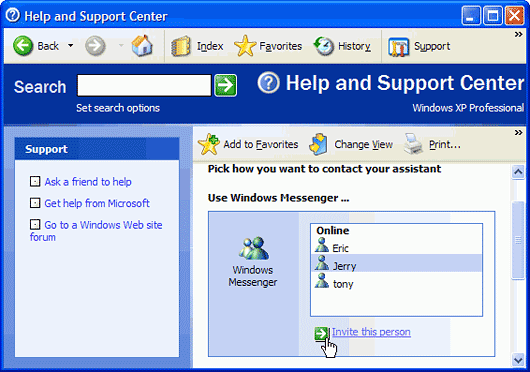 Pick how you want to contact your assistant page: Use Windows Messenger