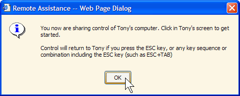 Remote Assistance Web Page Dialog box asking the expert to share control of the user's computer