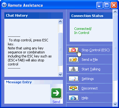 Remote Assistance window with the Stop Control button selected