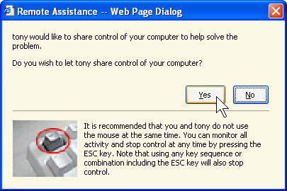 Remote Assistance Web Page Dialog box asking the user to share control of the computer with the expert