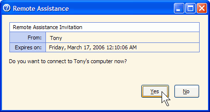 Remote Assistance invitation dialog box on expert's computer